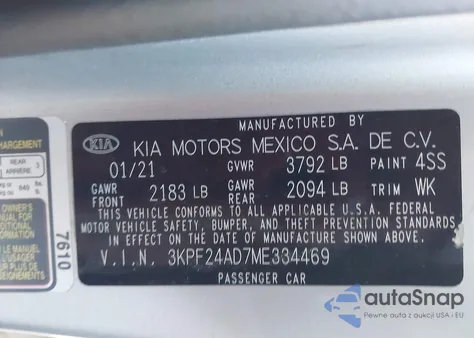 2021 Kia Forte Lxs from USA, damaged, VIN 3KPF24AD7ME334469
